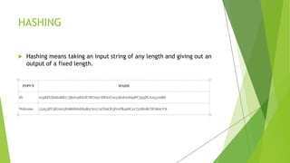 HASHING
 Hashing means taking an input string of any length and giving out an
output of a fixed length.
 