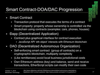 Smart Contract-DOA/DAC Progression 
 Smart Contract 
 Transaction protocol that executes the terms of a contract 
 Smar...