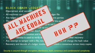 block chain Ledger
Operation and security basis
• All machines can create, process and store a ledger ﬁle
• Any ledger created is agreed between two or more parties
• The ledger ﬁles are encrypted by one or more of the parties
• Created ﬁles share a common time stamp to aid later veriﬁcation
• The ‘bona ﬁde’ data ﬁles are ‘hashed’ to create a unique numerical identity
• Encrypted data ﬁles are then distributed for storage across many machines
• The precise number, location and identities of the storage machines are hidden
• The ‘hash’ identity is used to verify all copies before storage and after recovery
• Any attempt to tamper with a ﬁle, now matter how small, will change the hash value
• Recovery and decode of a ledger involves a hash check a consensus across many copies
Security is assured through encryption, distribution, hash, consensus and combinatorial complexity
All macHines
ARE Equal
H U H
? ?
 