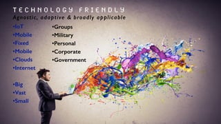 T e c h n o l o g y F r i e n d l y
Agnostic, adaptive & broadly applicable
•IoT
•Mobile
•Fixed
•Mobile
•Clouds
•Internet
•Big
•Vast
•Small
•Groups
•Military
•Personal
•Corporate
•Government
 
