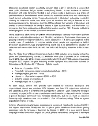 Page 14 of 41
Blockchain developed traction steadfastly between 2009 to 2017, from being a secured but
slow public distributed ledger system underpinning bitcoin, to fast, scalable & modular
blockchain with wide iterations intended to suit unique needs of businesses, e.g. choice of
permissionless or Permissioned, smart contract to automate transactions and interfacing to
match current technology trends. These advancements in blockchain technology resulted in
diversity in blockchain arena, with wide option of iterations with unique features to suit
business requirements. Companies like Intel, IBM developed their versions of blockchain and
offered to Linux Foundation for taking in forward in open source arena. With more than 100
companies like there collaborating in Hyperledger project, another 100+ financial institutions
working together on R3 and few hundred on Ethereum.
There has been a lot of activity on Github, which is the largest software collaboration platform
in the world, with 68 million projects and 24 million participants. That makes it barometer for
gauging software development activities, across spectrum of IT & across geographies. In the
specific case of blockchain, it provides details about people and organizations behind
blockchain development, type of programming, talent pool & its concentration, structure of
networks and communities in blockchain, risk factors of deploying resources in blockchain,
etc.
After the “Code Drop” of Bitcoin blockchain in April of 2009, activities grew steadily for first few
years, with projects growing upto 86,000. However, initial pace of projects, till 2012 was very
low till 2012. But, after 2012, it rose exponentially with 2016 with 27000 projects. It averages
to approx 8600 projects, per year. Following are few highlights about blockchain activities on
Github (as on 12, October, 2017 | Source : Delloite report)
• Total no. of projects – 86034
• Projects by companies, research institutes & startups – 9375+
• Average projects, per year – 8603
• Highest no. of projects in a year – 26885 in 2016
• Only 8% projects are maintained
• Average project life 1.22 years
As seen above, almost 89% projects were created by individual developers and
organizational interest was just about 11%. However, less than 10% projects are maintained
and updated (i.e. once in 6 months) with average life of just over 1 year. Initially the developer
community engaged in Blockchain projects were mainly new technology enthusiasts, but over
a period developer community has increased steadfastly, but not as much as required.
Currently major developers are concentrated in USA, UK and surprisingly China, as against
expectation in Israel or India.
In terms of programming language association is concerned, needless to mention that C++
has highest association. Slowly over last couple of years, developers have started getting
associated with Go language ( launched by Google in 2009). It is now second largest
language used for blockchain projects on Github, people have started taking note of its simple
 