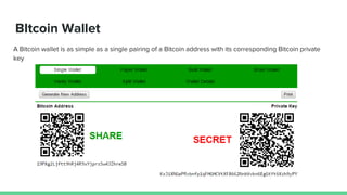BItcoin Wallet
A Bitcoin wallet is as simple as a single pairing of a Bitcoin address with its corresponding Bitcoin private
key
 