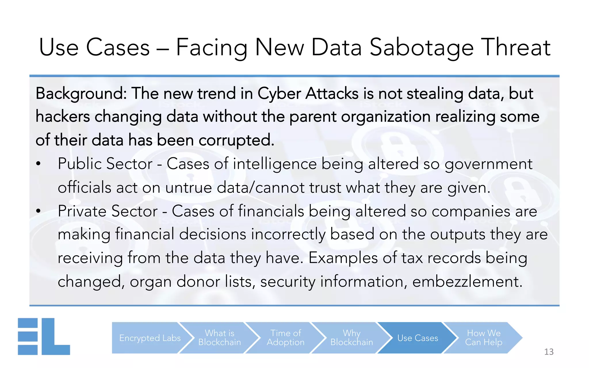Encrypted Labs
What is
Blockchain
Time of
Adoption
Why
Blockchain Use Cases
How We
Can Help
Use Cases – Facing New Data Sabotage Threat
13	
  
Background: The new trend in Cyber Attacks is not stealing data, but
hackers changing data without the parent organization realizing some
of their data has been corrupted.
•  Public Sector - Cases of intelligence being altered so government
officials act on untrue data/cannot trust what they are given.
•  Private Sector - Cases of financials being altered so companies are
making financial decisions incorrectly based on the outputs they are
receiving from the data they have. Examples of tax records being
changed, organ donor lists, security information, embezzlement.
 