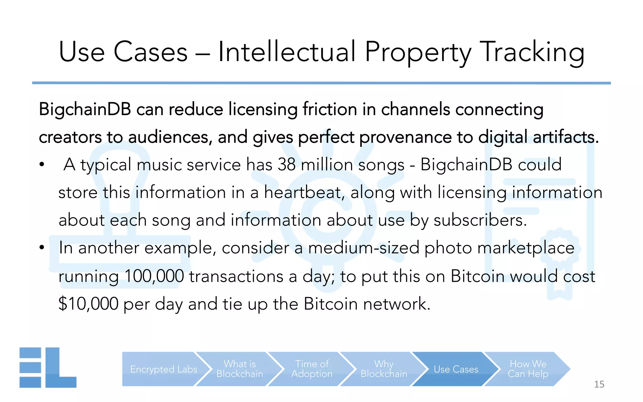 Encrypted Labs
What is
Blockchain
Time of
Adoption
Why
Blockchain Use Cases
How We
Can Help
Use Cases – Intellectual Property Tracking
15	
  
BigchainDB can reduce licensing friction in channels connecting
creators to audiences, and gives perfect provenance to digital artifacts.
•  A typical music service has 38 million songs - BigchainDB could
store this information in a heartbeat, along with licensing information
about each song and information about use by subscribers.
•  In another example, consider a medium-sized photo marketplace
running 100,000 transactions a day; to put this on Bitcoin would cost
$10,000 per day and tie up the Bitcoin network.
 