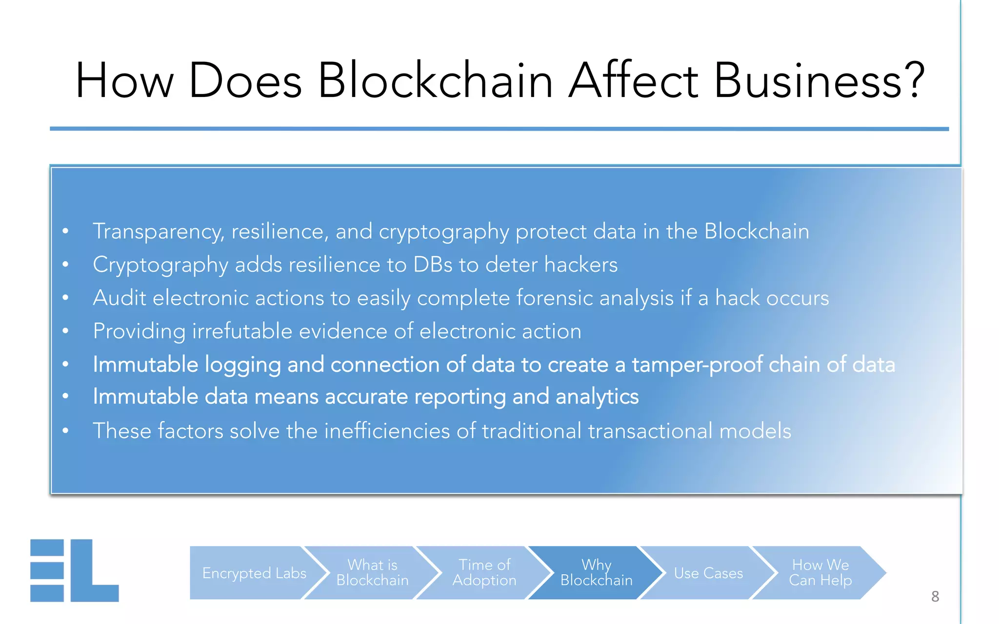 Encrypted Labs
What is
Blockchain
Time of
Adoption
Why
Blockchain Use Cases
How We
Can Help
How Does Blockchain Affect Business?
8	
  
•  Transparency, resilience, and cryptography protect data in the Blockchain
•  Cryptography adds resilience to DBs to deter hackers
•  Audit electronic actions to easily complete forensic analysis if a hack occurs
•  Providing irrefutable evidence of electronic action
•  Immutable logging and connection of data to create a tamper-proof chain of data
•  Immutable data means accurate reporting and analytics
•  These factors solve the inefficiencies of traditional transactional models
 