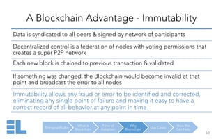 Encrypted Labs
What is
Blockchain
Time of
Adoption
Why
Blockchain Use Cases
How We
Can Help
A Blockchain Advantage - Immutability
10	
  
Data is syndicated to all peers & signed by network of participants
Decentralized control is a federation of nodes with voting permissions that
creates a super P2P network
Each new block is chained to previous transaction & validated
If something was changed, the Blockchain would become invalid at that
point and broadcast the error to all nodes
Immutability allows any fraud or error to be identified and corrected,
eliminating any single point of failure and making it easy to have a
correct record of all behavior at any point in time
 