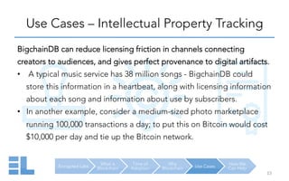 Encrypted Labs
What is
Blockchain
Time of
Adoption
Why
Blockchain Use Cases
How We
Can Help
Use Cases – Intellectual Property Tracking
15	
  
BigchainDB can reduce licensing friction in channels connecting
creators to audiences, and gives perfect provenance to digital artifacts.
•  A typical music service has 38 million songs - BigchainDB could
store this information in a heartbeat, along with licensing information
about each song and information about use by subscribers.
•  In another example, consider a medium-sized photo marketplace
running 100,000 transactions a day; to put this on Bitcoin would cost
$10,000 per day and tie up the Bitcoin network.
 