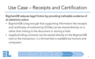 Encrypted Labs
What is
Blockchain
Time of
Adoption
Why
Blockchain Use Cases
How We
Can Help
Use Case – Receipts and Certification
16	
  
BigchainDB reduces legal friction by providing irrefutable evidence of
an electronic action.
•  BigchainDB is big enough that supporting information like receipts
and certificates of authenticity (COAs) can be stored directly on it,
rather than linking to the document or storing a hash.
•  Legally-binding contracts can be stored directly on the BigchainDB
next to the transaction, in a format that is readable by humans and
computers.
 