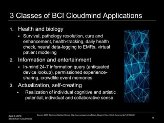 April 2, 2016
Blockchain Cloudminds
3 Classes of BCI Cloudmind Applications
1. Health and biology
 Survival, pathology re...