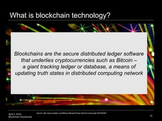 April 2, 2016
Blockchain Cloudminds
What is blockchain technology?
25
Blockchains are the secure distributed ledger softwa...