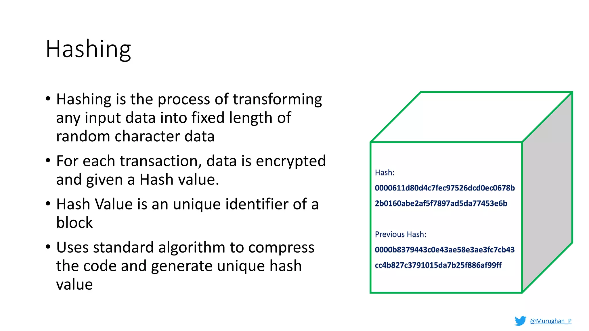 Hashing
• Hashing is the process of transforming
any input data into fixed length of
random character data
• For each transaction, data is encrypted
and given a Hash value.
• Hash Value is an unique identifier of a
block
• Uses standard algorithm to compress
the code and generate unique hash
value
Hash:
0000611d80d4c7fec97526dcd0ec0678b
2b0160abe2af5f7897ad5da77453e6b
Previous Hash:
0000b8379443c0e43ae58e3ae3fc7cb43
cc4b827c3791015da7b25f886af99ff
@Murughan_P
 