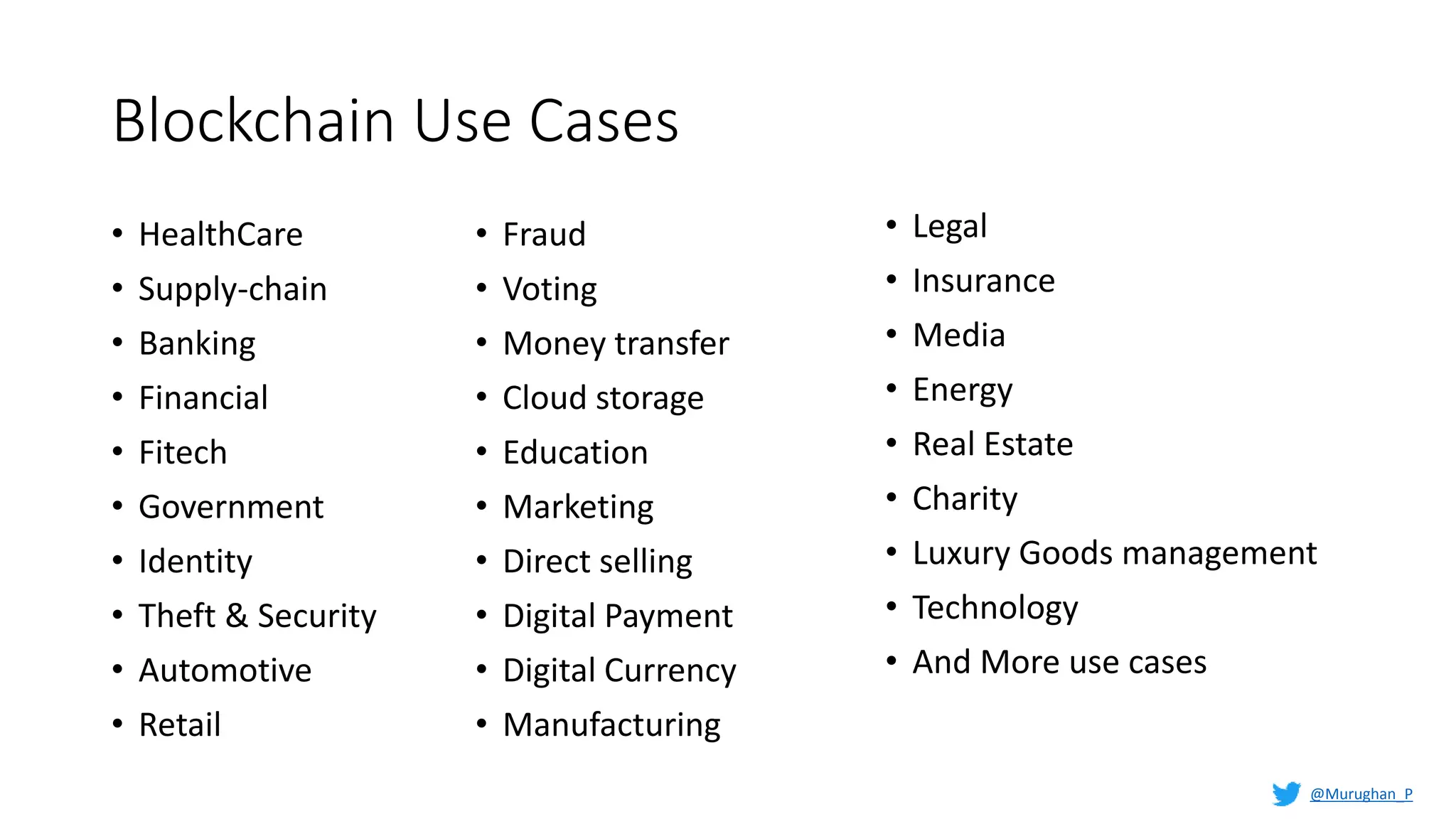 Blockchain Use Cases
• HealthCare
• Supply-chain
• Banking
• Financial
• Fitech
• Government
• Identity
• Theft & Security
• Automotive
• Retail
• Fraud
• Voting
• Money transfer
• Cloud storage
• Education
• Marketing
• Direct selling
• Digital Payment
• Digital Currency
• Manufacturing
• Legal
• Insurance
• Media
• Energy
• Real Estate
• Charity
• Luxury Goods management
• Technology
• And More use cases
@Murughan_P
 