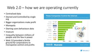 Web 2.0 – how we are operating currently
• Centralized data
• Owned and Controlled by single
org
• Bigger organizations make profit
• Monopoly
• Owning users behaviours data
• Insecure
• Inequality between millions of
people and the few in power
• Web 2.0 provided a fertile
ground for corporations to
monopolize control and profits
@Murughan_P
 