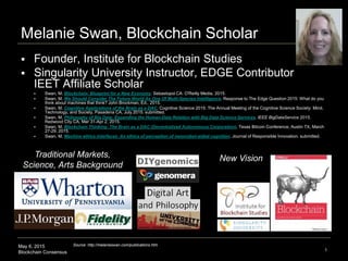 May 6, 2015
Blockchain Consensus 1
Melanie Swan, Blockchain Scholar
 Founder, Institute for Blockchain Studies
 Singularity University Instructor, EDGE Contributor
IEET Affiliate Scholar
 Swan, M. Blockchain: Blueprint for a New Economy. Sebastopol CA: O'Reilly Media, 2015.
 Swan, M. We Should Consider The Future World As One Of Multi-Species Intelligence. Response to The Edge Question 2015: What do you
think about machines that think? John Brockman, Ed., 2015.
 Swan, M. Cognitive Applications of the Brain as a DAC. Cognitive Science 2015: The Annual Meeting of the Cognitive Science Society: Mind,
Technology, and Society, Pasadena CA, July 2015. submitted.
 Swan, M. Philosophy of Big Data: Expanding the Human-Data Relation with Big Data Science Services. IEEE BigDataService 2015,
Redwood City CA, Mar 31-Apr 2, 2015.
 Swan, M. Blockchain Thinking: The Brain as a DAC (Decentralized Autonomous Corporation). Texas Bitcoin Conference, Austin TX, March
27-29, 2015.
 Swan, M. Machine ethics interfaces: An ethics of perception of nanorobot-aided cognition. Journal of Responsible Innovation. submitted.
Traditional Markets,
Science, Arts Background
New Vision
Source: http://melanieswan.com/publications.htm
 
