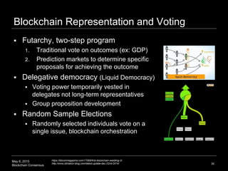 May 6, 2015
Blockchain Consensus
Blockchain Representation and Voting
 Futarchy, two-step program
1. Traditional vote on outcomes (ex: GDP)
2. Prediction markets to determine specific
proposals for achieving the outcome
 Delegative democracy (Liquid Democracy)
 Voting power temporarily vested in
delegates not long-term representatives
 Group proposition development
 Random Sample Elections
 Randomly selected individuals vote on a
single issue, blockchain orchestration
35
https://bitcoinmagazine.com/17066/first-blockchain-wedding-2/,
http://www.bitnation-blog.com/latest-update-dec-22nd-2014/
 