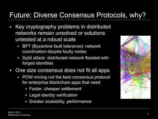 May 6, 2015
Blockchain Consensus
Future: Diverse Consensus Protocols, why?
4
 Key cryptography problems in distributed
networks remain unsolved or solutions
untested at a robust scale
 BFT (Byzantine fault tolerance): network
coordination despite faulty nodes
 Sybil attack: distributed network flooded with
forged identities
 One size consensus does not fit all apps
 POW mining not the best consensus protocol
for enterprise blockchain apps that need
 Faster, cheaper settlement
 Legal identity verification
 Greater scalability, performance
 