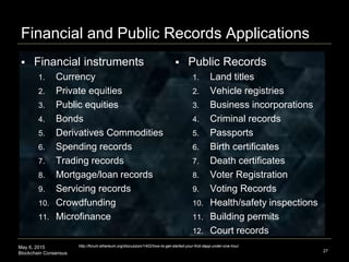 May 6, 2015
Blockchain Consensus
Financial and Public Records Applications
 Financial instruments
1. Currency
2. Private equities
3. Public equities
4. Bonds
5. Derivatives Commodities
6. Spending records
7. Trading records
8. Mortgage/loan records
9. Servicing records
10. Crowdfunding
11. Microfinance
27
http://forum.ethereum.org/discussion/1402/how-to-get-started-your-first-dapp-under-one-hour
 Public Records
1. Land titles
2. Vehicle registries
3. Business incorporations
4. Criminal records
5. Passports
6. Birth certificates
7. Death certificates
8. Voter Registration
9. Voting Records
10. Health/safety inspections
11. Building permits
12. Court records
 