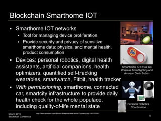 May 6, 2015
Blockchain Consensus
Blockchain Smarthome IOT
32
http://www.amazon.com/Bitcoin-Blueprint-New-World-Currency/dp/1491920491
 Smarthome IOT networks
 Tool for managing device proliferation
 Provide security and privacy of sensitive
smarthome data: physical and mental health,
product consumption
 Devices: personal robotics, digital health
assistants, artificial companions, health
optimizers, quantified self-tracking
wearables, smartwatch, Fitbit, health tracker
 With permissioning, smarthome, connected
car, smartcity infrastructure to provide daily
health check for the whole populace,
including quality-of-life mental state
Personal Robotics
Coordination
Smarthome IOT: Hue Go
Wireless Smartlighting and
Amazon Dash Button
 