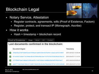 May 6, 2015
Blockchain Consensus
Blockchain Legal
 Notary Service, Attestation
 Register contracts, agreements, wills (Proof of Existence, Factom)
 Register, protect, and transact IP (Monegraph, Ascribe)
 How it works
 Hash + timestamp + blockchain record
36
http://www.proofofexistence.com/
 
