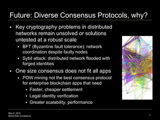 May 6, 2015
Blockchain Consensus
Future: Diverse Consensus Protocols, why?
4
 Key cryptography problems in distributed
ne...