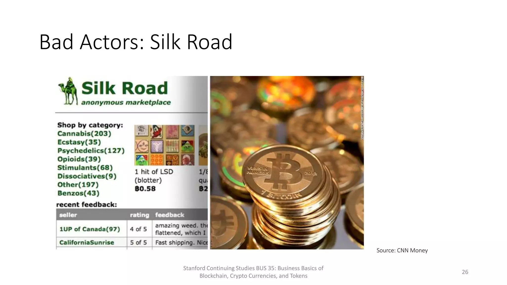 Bad Actors: Silk Road
Stanford Continuing Studies BUS 35: Business Basics of
Blockchain, Crypto Currencies, and Tokens
26
Source: CNN Money
 
