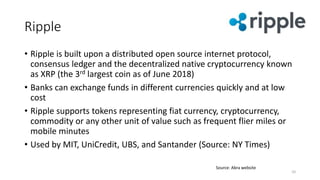 Ripple
10
Source: Abra website
• Ripple is built upon a distributed open source internet protocol,
consensus ledger and th...