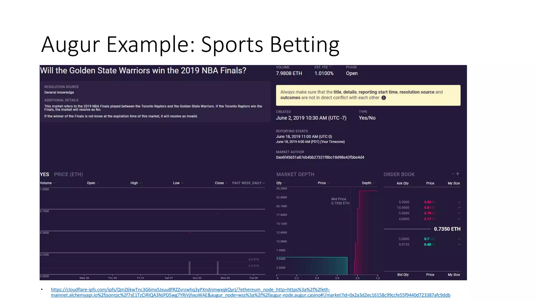 Augur Example: Sports Betting
• https://cloudflare-ipfs.com/ipfs/QmZ6kwTnc3G6mx5Jxuu8fRZZvrzwhq3yPXndnmwxqkQyrj/?ethereum_node_http=https%3a%2f%2feth-
mainnet.alchemyapi.io%2fjsonrpc%2f7sE1TzCIRIQA3NJPD5wg7YRiVjhxuWAE&augur_node=wss%3a%2f%2faugur-node.augur.casino#!/market?id=0x2a3d2ec16158c99ccfe55f9440d723387afc9ddb
 