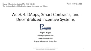 Week 4. DApps, Smart Contracts, and
Decentralized Incentive Systems
Roger Royse
rroyse@rroyselaw.com
www.rroyselaw.com
Research Assistant: Justin Sher
Stanford Continuing Studies FALL 2018 BUS 35
The Business Basics of Blockchain, Crypto Currencies, and Tokens
Week 4 July 15, 2019
Stanford Continuing Studies BUS 35: Business Basics of
Blockchain, Crypto Currencies, and Tokens
1
 
