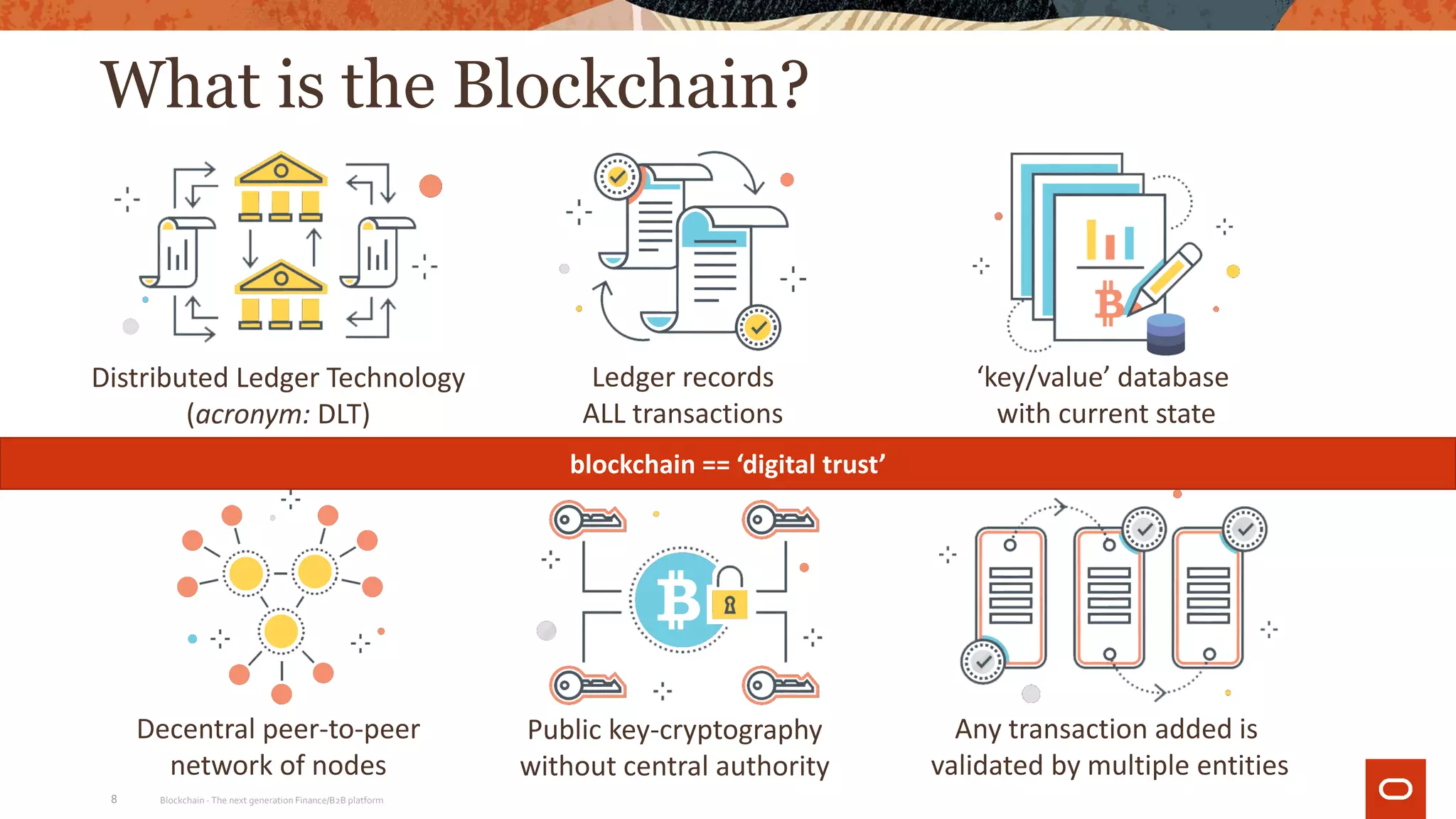 What is the Blockchain?
Blockchain - The next generation Finance/B2B platform8
‘key/value’ database
with current state
Ledger records
ALL transactions
Distributed Ledger Technology
(acronym: DLT)
Decentral peer-to-peer
network of nodes
Any transaction added is
validated by multiple entities
Public key-cryptography
without central authority
blockchain == ‘digital trust’
 