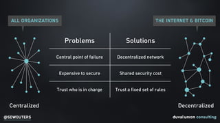 @SDWOUTERS
Problems Solutions
Central point of failure Decentralized network
Expensive to secure Shared security cost
Trus...