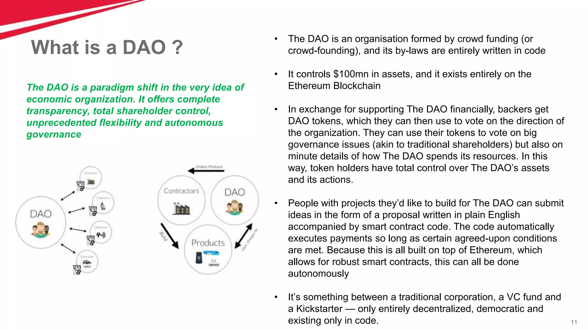 11
What is a DAO ?
• The DAO is an organisation formed by crowd funding (or
crowd-founding), and its by-laws are entirely written in code
• It controls $100mn in assets, and it exists entirely on the
Ethereum Blockchain
• In exchange for supporting The DAO financially, backers get
DAO tokens, which they can then use to vote on the direction of
the organization. They can use their tokens to vote on big
governance issues (akin to traditional shareholders) but also on
minute details of how The DAO spends its resources. In this
way, token holders have total control over The DAO’s assets
and its actions.
• People with projects they’d like to build for The DAO can submit
ideas in the form of a proposal written in plain English
accompanied by smart contract code. The code automatically
executes payments so long as certain agreed-upon conditions
are met. Because this is all built on top of Ethereum, which
allows for robust smart contracts, this can all be done
autonomously
• It’s something between a traditional corporation, a VC fund and
a Kickstarter — only entirely decentralized, democratic and
existing only in code.
The DAO is a paradigm shift in the very idea of
economic organization. It offers complete
transparency, total shareholder control,
unprecedented flexibility and autonomous
governance
 