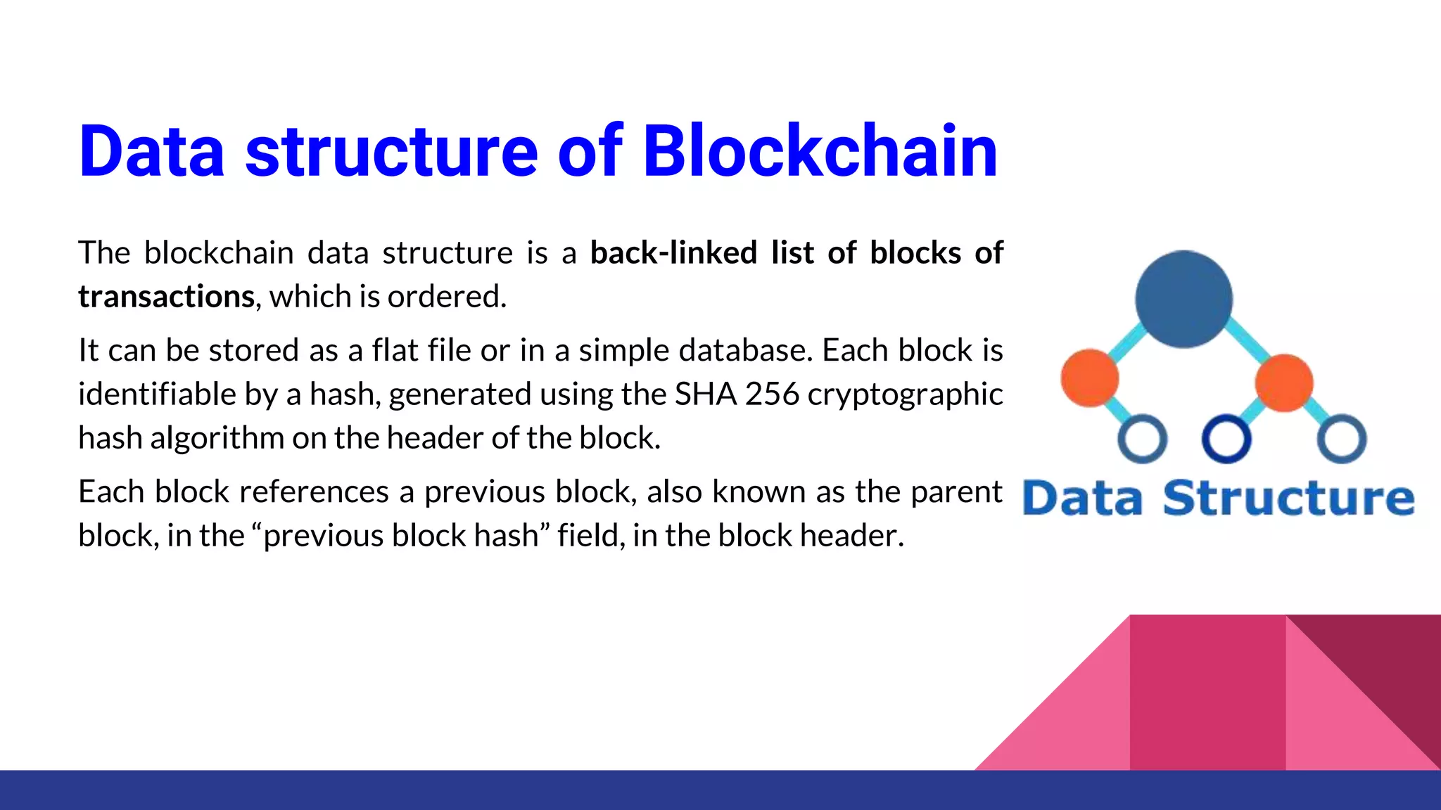 Data structure of Blockchain
The blockchain data structure is a back-linked list of blocks of
transactions, which is ordered.
It can be stored as a flat file or in a simple database. Each block is
identifiable by a hash, generated using the SHA 256 cryptographic
hash algorithm on the header of the block.
Each block references a previous block, also known as the parent
block, in the “previous block hash” field, in the block header.
 