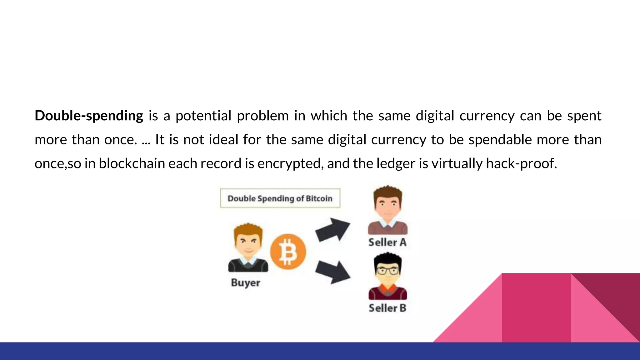 Double-spending is a potential problem in which the same digital currency can be spent
more than once. ... It is not ideal for the same digital currency to be spendable more than
once,so in blockchain each record is encrypted, and the ledger is virtually hack-proof.
 