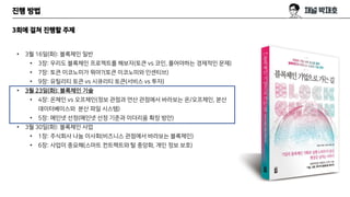 진행 방법
3회에 걸쳐 진행할 주제
• 3월 16일(화): 블록체인 일반
• 3장: 우리도 블록체인 프로젝트를 해보자(토큰 vs 코인, 풀어야하는 경제적인 문제)
• 7장: 토큰 이코노미가 뭐야?(토큰 이코노미와 인센티브)
• 9장: 유틸리티 토큰 vs 시큐리티 토큰(서비스 vs 투자)
• 3월 23일(화): 블록체인 기술
• 4장: 온체인 vs 오프체인(정보 관점과 연산 관점에서 바라보는 온/오프체인, 분산
데이터베이스와 분산 파일 시스템)
• 5장: 메인넷 선정(메인넷 선정 기준과 이더리움 확장 방안)
• 3월 30일(화): 블록체인 사업
• 1장: 주식회사 나눔 이사회(비즈니스 관점에서 바라보는 블록체인)
• 6장: 사업이 중요해(스마트 컨트랙트와 탈 중앙화, 개인 정보 보호)
 