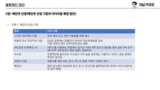 블록체인 일반
5장: 메인넷 선정(메인넷 선정 기준과 이더리움 확장 방안)
• 주제 1: 메인넷 선정 기준
항목 고려 사항
스마트 컨트랙트 지원 토큰 생성 또는 계약 자동화를 위해 필수
퍼블릭 또는 프라이빗 지원 ICO의 경우에는 퍼블릭이 되어야 거래 투명성을 담보.
기업 내부의 경우 프라이빗으로도 충분
TPS(초당 트랜잭션 수) 서비스를 사용하는 과정에서 실시간 거래 내역 정산이 필요할 경우 높은 TPS 요구
(예: 비자 네트워크는 평균 2000~3000TPS)
수수료 트랜잭션에 들어가는 수수료가 너무 높을 경우에는 사용자나 서비스 공급 업체의
부담이 높아짐
개발자 지원 개발자를 위한 SDK, 문서, 테스트 환경 구축이 쉬워야 한다.
확장성 향후 로드맵이 충실해야 믿고 갈 수 있다(다른 블록체인끼리 연계나 마이그레이션
은 쉽지 않음)
 
