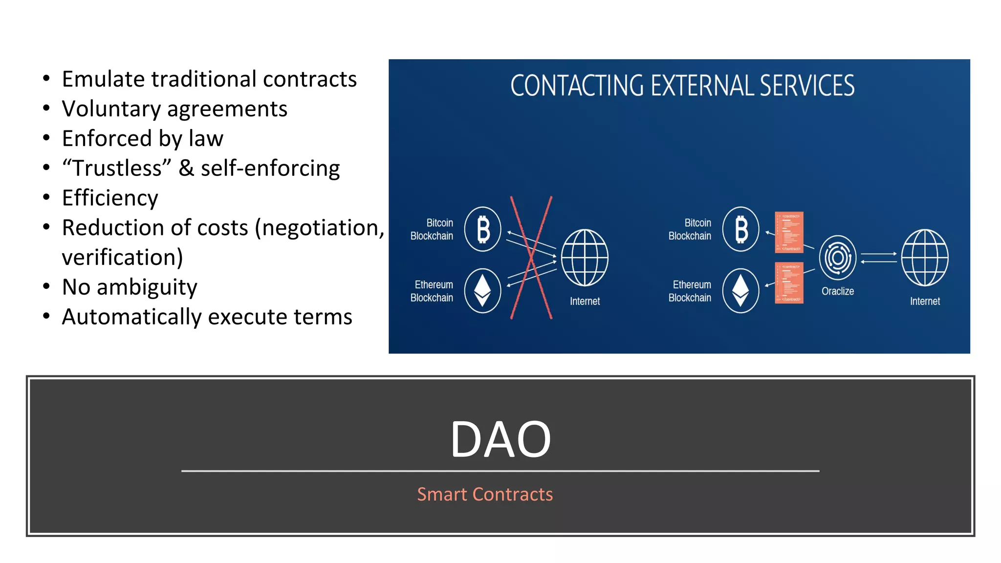 DAO
Smart Contracts
• Emulate traditional contracts
• Voluntary agreements
• Enforced by law
• “Trustless” & self-enforcing
• Efficiency
• Reduction of costs (negotiation,
verification)
• No ambiguity
• Automatically execute terms
 