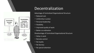 Decentralization
Advantage of Centralized Organizational Structure
• Reduced cost
• Uniformity in action
• Personal leadership
• Flexibility
• Improved quality of work
• Better co-ordination
Disadvantage of Centralized Organizational Structure
• Delay in work
• Remote control
• No loyalty
• No Secrecy
• No special attention
 