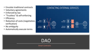 DAO
Smart Contracts
• Emulate traditional contracts
• Voluntary agreements
• Enforced by law
• “Trustless” & self-enforcing
• Efficiency
• Reduction of costs (negotiation,
verification)
• No ambiguity
• Automatically execute terms
 
