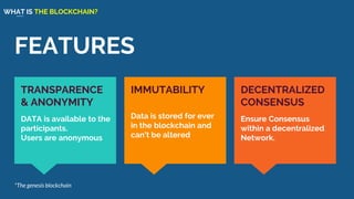 FEATURES
DECENTRALIZED
CONSENSUS
Ensure Consensus
within a decentralized
Network.
TRANSPARENCE
& ANONYMITY
DATA is available to the
participants.
Users are anonymous
IMMUTABILITY
Data is stored for ever
in the blockchain and
can’t be altered
*The genesis blockchain
WHAT IS THE BLOCKCHAIN?
 