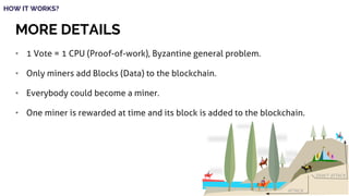 MORE DETAILS
• 1 Vote = 1 CPU (Proof-of-work), Byzantine general problem.
• Only miners add Blocks (Data) to the blockchain.
• Everybody could become a miner.
• One miner is rewarded at time and its block is added to the blockchain.
HOW IT WORKS?
 