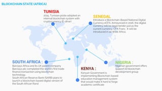 TUNISIA
2015, Tunisian poste adopted an
internal blockchain system with
cryptocurrency (E-dinar)
SENEGAL
Introduce a Blockchain-Based National Digital
Currency eCFA. Announced in 2016, the digital
currency will be legal tender just as the
current currency, CFA Franc. It will be
introduced in all West Africa.
SOUTH AFRICA :
Barclays Africa and its UK parent company
Barclays plc completed the world’s first trade
finance transaction using blockchain
technology.
South African Reserve Bank (SARB) plans to
launch a blockchain-based digital version of
the South African Rand
KENYA :
Kenyan Government is
implementing Blockchain-based
education management system
that would make it hard to forge
academic certificate
NIGERIA :
Nigerian government offers
support to blockchain
development group
BLOCKCHAIN STATE (AFRICA)
 