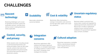 Nascent
technology
Resolving challenges such as lack
of standards transaction speed, the
verification process, and data limits
will be crucial in making blockchain
widely applicable.
Uncertain regulatory
status
Because modern currencies have
always been created and regulated by
national governments, blockchain and
Bitcoin face a hurdle in widespread
adoption by pre-existing financial
institutions if its government regulation
status remains unsettled.
Cost & volatility
Blockchain offers tremendous
savings in transaction costs and time
but the high initial capital costs could
be a deterrent.
Control, security,
and privacy
While solutions exist, including private
or permissioned blockchains and
strong encryption, there are still cyber
security concerns that need to be
addressed before the general public
will entrust their personal data to a
blockchain solution.
Integration
concerns
Blockchain applications offer
solutions that require significant
changes to, or complete replacement
of, existing systems. In order to make
the switch, companies must
strategize the transition.
Cultural adoption
Blockchain represents a complete
shift to a decentralized network
which requires the buy-in of its
users and operators.
Scalability
Data inside a blockchain
cannot be deleted.
CHALLENGES
 