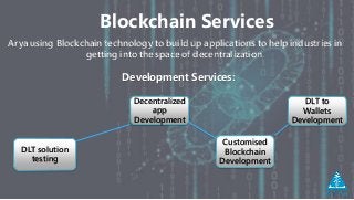 Arya using Blockchain technology to build up applications to help industries in
getting into the space of decentralization.
Development Services:
DLT solution
testing
Decentralized
app
Development
Customised
Blockchain
Development
DLT to
Wallets
Development
Blockchain Services
 