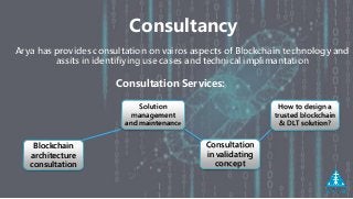 Consultancy
Arya has provides consultation on vairos aspects of Blockchain technology and
assits in identifiying use cases and technical implimantation
Consultation Services:
Blockchain
architecture
consultation
Solution
management
and maintenance
Consultation
in validating
concept
How to design a
trusted blockchain
& DLT solution?
 