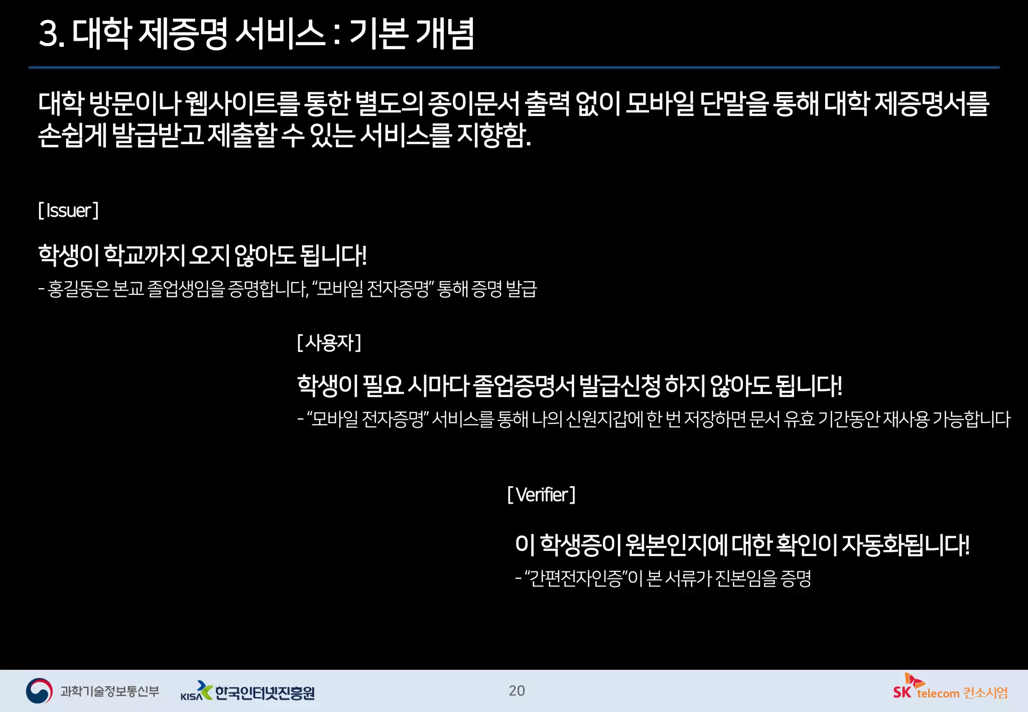3. 대학 제증명 서비스 : 기본 개념
대학방문이나웹사이트를통한별도의종이문서출력없이모바일단말을통해대학 제증명서를
손쉽게발급받고제출할수 있는 서비스를지향함.
[Issuer]
[Verifier]
학생이학교까지오지않아도됩니다!
-홍길동은본교졸업생임을증명합니다,“모바일전자증명”통해증명발급
학생이필요시마다졸업증명서발급신청하지않아도됩니다!
-“모바일전자증명”서비스를통해나의신원지갑에한번저장하면문서유효기간동안재사용가능합니다
이학생증이원본인지에대한확인이자동화됩니다!
-“간편전자인증”이본서류가진본임을증명
[사용자]
 