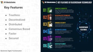 Key Features
● Trustless
● Decentralized
● Distributed
● Consensus Based
● Faster
● Secured
 