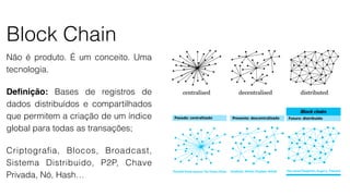 Block Chain
Não é produto. É um conceito. Uma
tecnologia.
Deﬁnição: Bases de registros de
dados distribuídos e compartilhados
que permitem a criação de um índice
global para todas as transações;
Criptograﬁa, Blocos, Broadcast,
Sistema Distribuido, P2P, Chave
Privada, Nó, Hash…
 