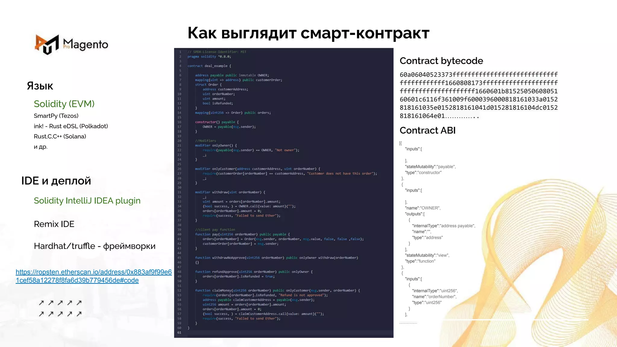 Как выглядит смарт-контракт
Язык
Solidity (EVM)
SmartPy (Tezos)
ink! - Rust eDSL (Polkadot)
Rust,C,C++ (Solana)
и др.
IDE и деплой
Remix IDE
Hardhat/truﬄe - фреймворки
Solidity IntelliJ IDEA plugin
60a06040523373ffffffffffffffffffffffffffff
ffffffffffff1660808173ffffffffffffffffffff
ffffffffffffffffffff1660601b81525050608051
60601c6116f361009f6000396000818161033a0152
818161035e0152818161041d015281816104dc0152
818161064e01…………..
[{
"inputs":[
],
"stateMutability":"payable",
"type":"constructor"
},
{
"inputs":[
],
"name":"OWNER",
"outputs":[
{
"internalType":"address payable",
"name":"",
"type":"address"
}
],
"stateMutability":"view",
"type":"function"
},
{
"inputs":[
{
"internalType":"uint256",
"name":"orderNumber",
"type":"uint256"
}
],
…………………
Contract ABI
https://ropsten.etherscan.io/address/0x883af9f99e6
1cef58a12278f8fa6d39b779456de#code
Contract bytecode
 