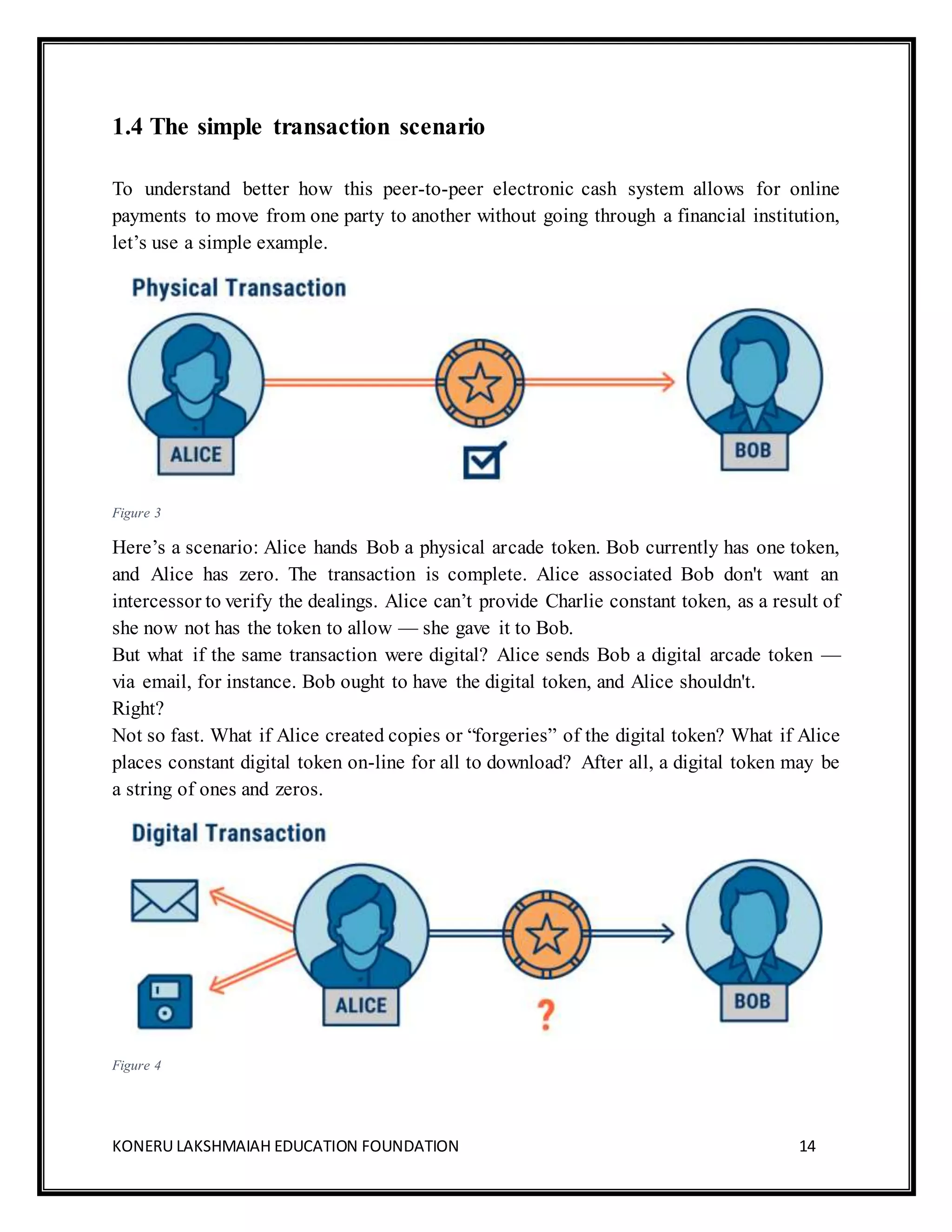 KONERU LAKSHMAIAH EDUCATION FOUNDATION 14
1.4 The simple transaction scenario
To understand better how this peer-to-peer electronic cash system allows for online
payments to move from one party to another without going through a financial institution,
let’s use a simple example.
Figure 3
Here’s a scenario: Alice hands Bob a physical arcade token. Bob currently has one token,
and Alice has zero. The transaction is complete. Alice associated Bob don't want an
intercessor to verify the dealings. Alice can’t provide Charlie constant token, as a result of
she now not has the token to allow — she gave it to Bob.
But what if the same transaction were digital? Alice sends Bob a digital arcade token —
via email, for instance. Bob ought to have the digital token, and Alice shouldn't.
Right?
Not so fast. What if Alice created copies or “forgeries” of the digital token? What if Alice
places constant digital token on-line for all to download? After all, a digital token may be
a string of ones and zeros.
Figure 4
 