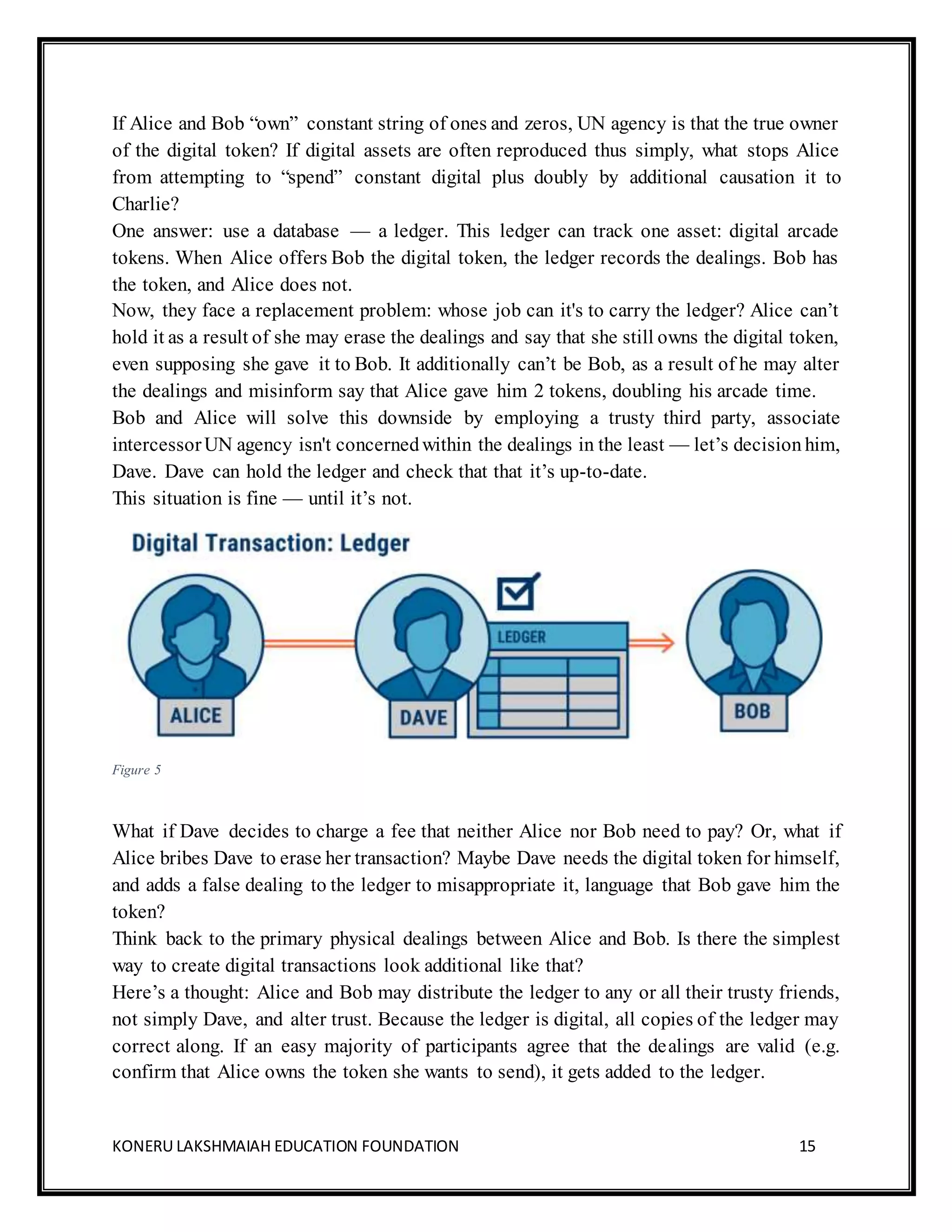 KONERU LAKSHMAIAH EDUCATION FOUNDATION 15
If Alice and Bob “own” constant string of ones and zeros, UN agency is that the true owner
of the digital token? If digital assets are often reproduced thus simply, what stops Alice
from attempting to “spend” constant digital plus doubly by additional causation it to
Charlie?
One answer: use a database — a ledger. This ledger can track one asset: digital arcade
tokens. When Alice offers Bob the digital token, the ledger records the dealings. Bob has
the token, and Alice does not.
Now, they face a replacement problem: whose job can it's to carry the ledger? Alice can’t
hold it as a result of she may erase the dealings and say that she still owns the digital token,
even supposing she gave it to Bob. It additionally can’t be Bob, as a result of he may alter
the dealings and misinform say that Alice gave him 2 tokens, doubling his arcade time.
Bob and Alice will solve this downside by employing a trusty third party, associate
intercessorUN agency isn't concernedwithin the dealings in the least — let’s decision him,
Dave. Dave can hold the ledger and check that that it’s up-to-date.
This situation is fine — until it’s not.
Figure 5
What if Dave decides to charge a fee that neither Alice nor Bob need to pay? Or, what if
Alice bribes Dave to erase her transaction? Maybe Dave needs the digital token for himself,
and adds a false dealing to the ledger to misappropriate it, language that Bob gave him the
token?
Think back to the primary physical dealings between Alice and Bob. Is there the simplest
way to create digital transactions look additional like that?
Here’s a thought: Alice and Bob may distribute the ledger to any or all their trusty friends,
not simply Dave, and alter trust. Because the ledger is digital, all copies of the ledger may
correct along. If an easy majority of participants agree that the dealings are valid (e.g.
confirm that Alice owns the token she wants to send), it gets added to the ledger.
 